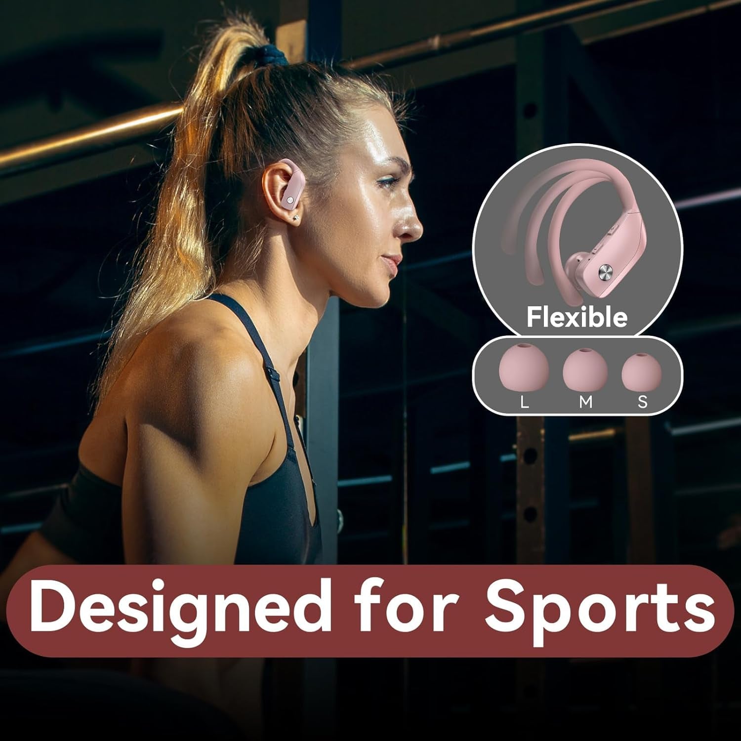 Ear Buds Wireless Earbuds Bluetooth Headphones with 80H Playtime LED Display Case, Over-Ear Hook with Mic, Stereo Sound, Easy Button Controls, Sports Earphones for Running Workout Gym Pink