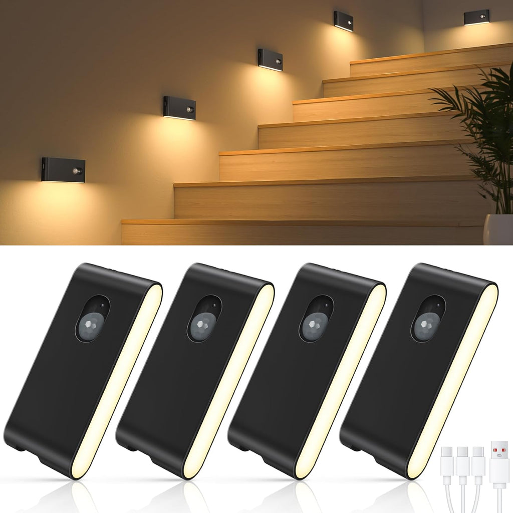 Stair Lights Indoor,Warm White Rechargeable Night Light,Wireless Motion Sensor Night Light,Battery Stick on Lights for Stairway,Hallway,Kitchen,Closet,Cabinet,Bedroom,Kids' Room(4-Pack)