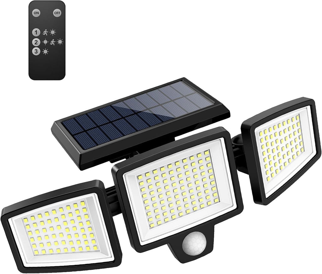Solar Outdoor Lights 2500LM 210 LED Security Lights with Remote Control,3 Heads Motion Sensor Lights, IP65 Waterproof,270° Wide Angle Flood Wall Lights with 3 Modes(2 Packs)