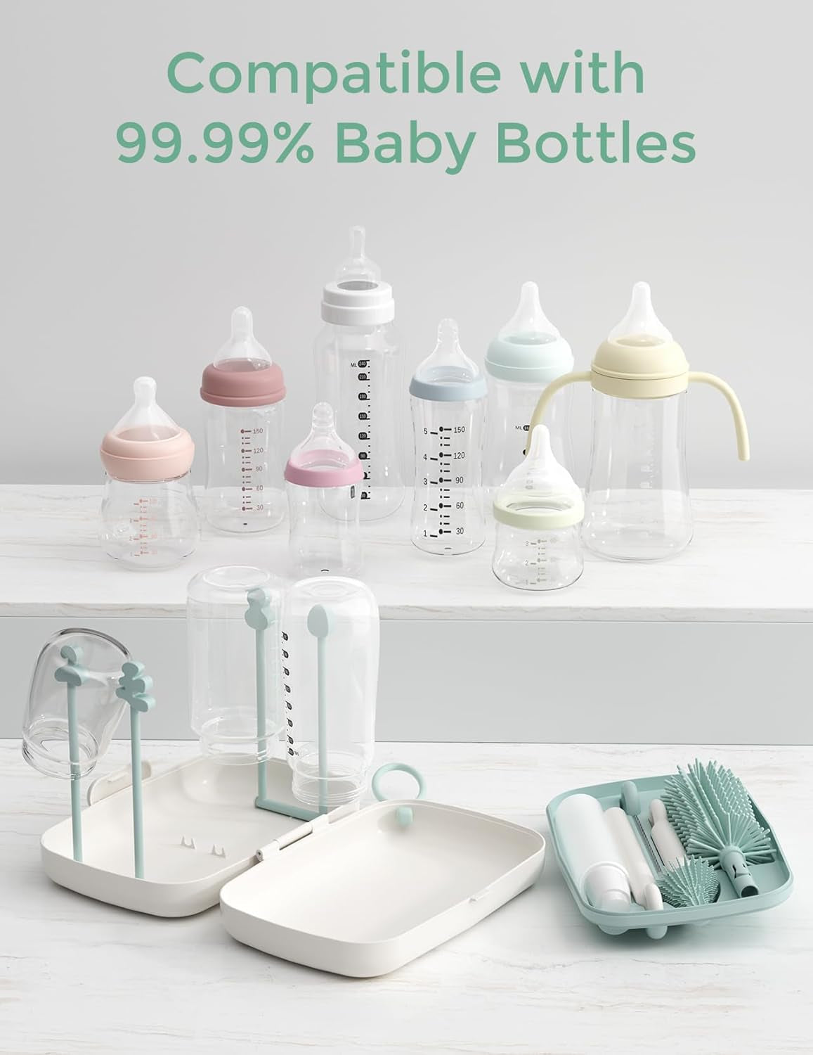 Bottle Brush Set - Baby Bottle Cleaner Kit with Silicone Brush, Nipple Brush, Straw Brush, Soap Dispenser, Drying Rack - 7 in 1 Bottle Cleaning Tool for Home and Travel, Green