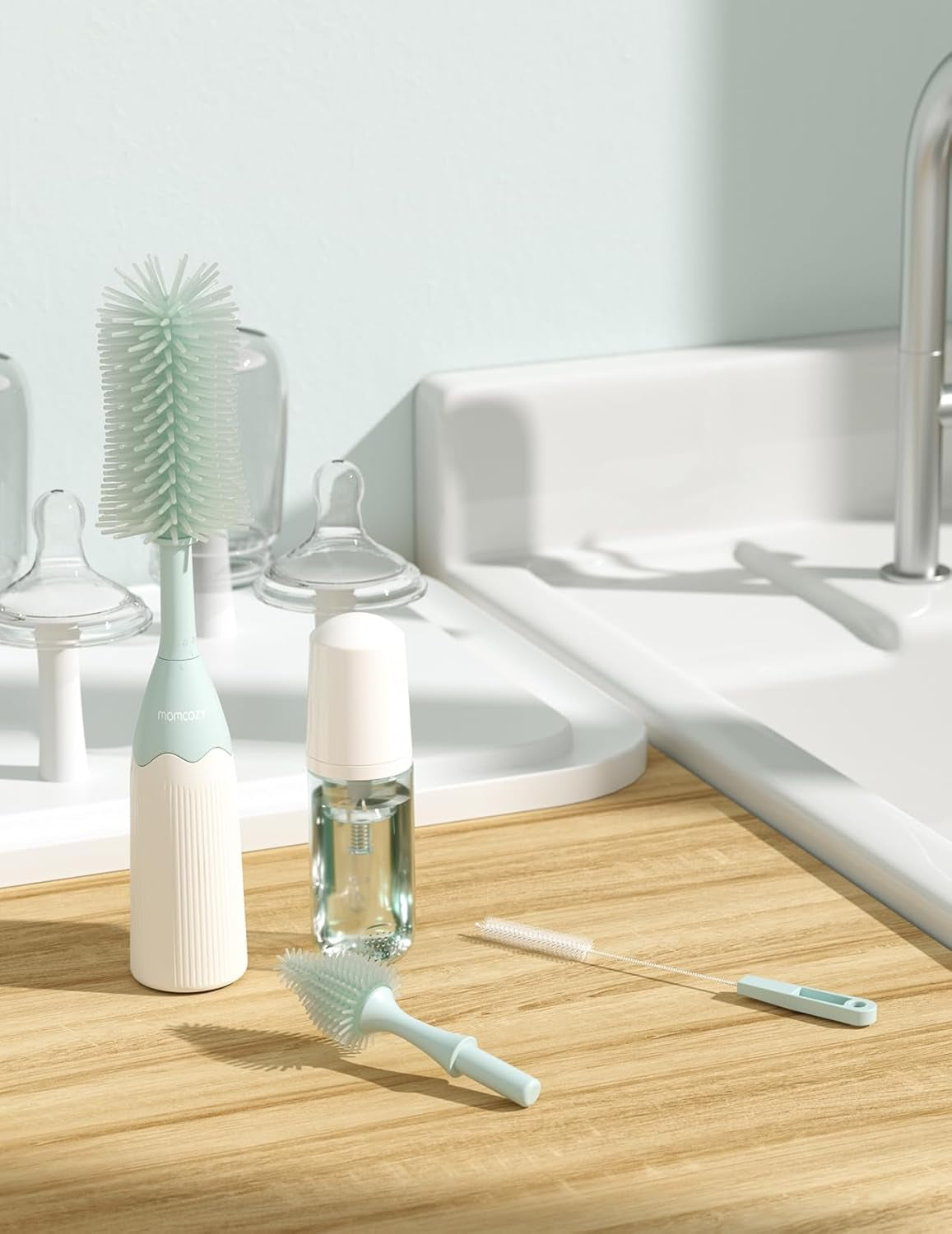 Bottle Brush Kit with Push-Press Foam Design - Newborn Essentials Gift, Portable Cleaning Tool for Home & Travel, Baby Bottle Cleaner Brush for Breast Pumps & Nipples, Green