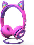 Kids Headphones with LED Cat Ears (85Db Safe Volume Limit), 3.5Mm Soft On-Ear Wired Headphones with Tangle-Free Laced Cables for Ipad/Tablet/School/Travel - Hot Pink/Purple