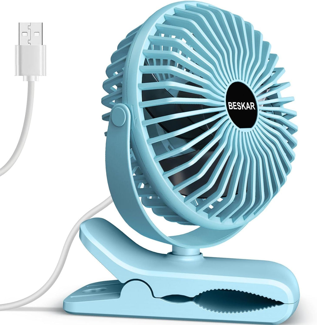 USB Clip on Fan, Portable Small Fan with Cord Powered, 3 Speeds Strong Airflow, with Sturdy Clamp, Quiet Personal Desk Fan