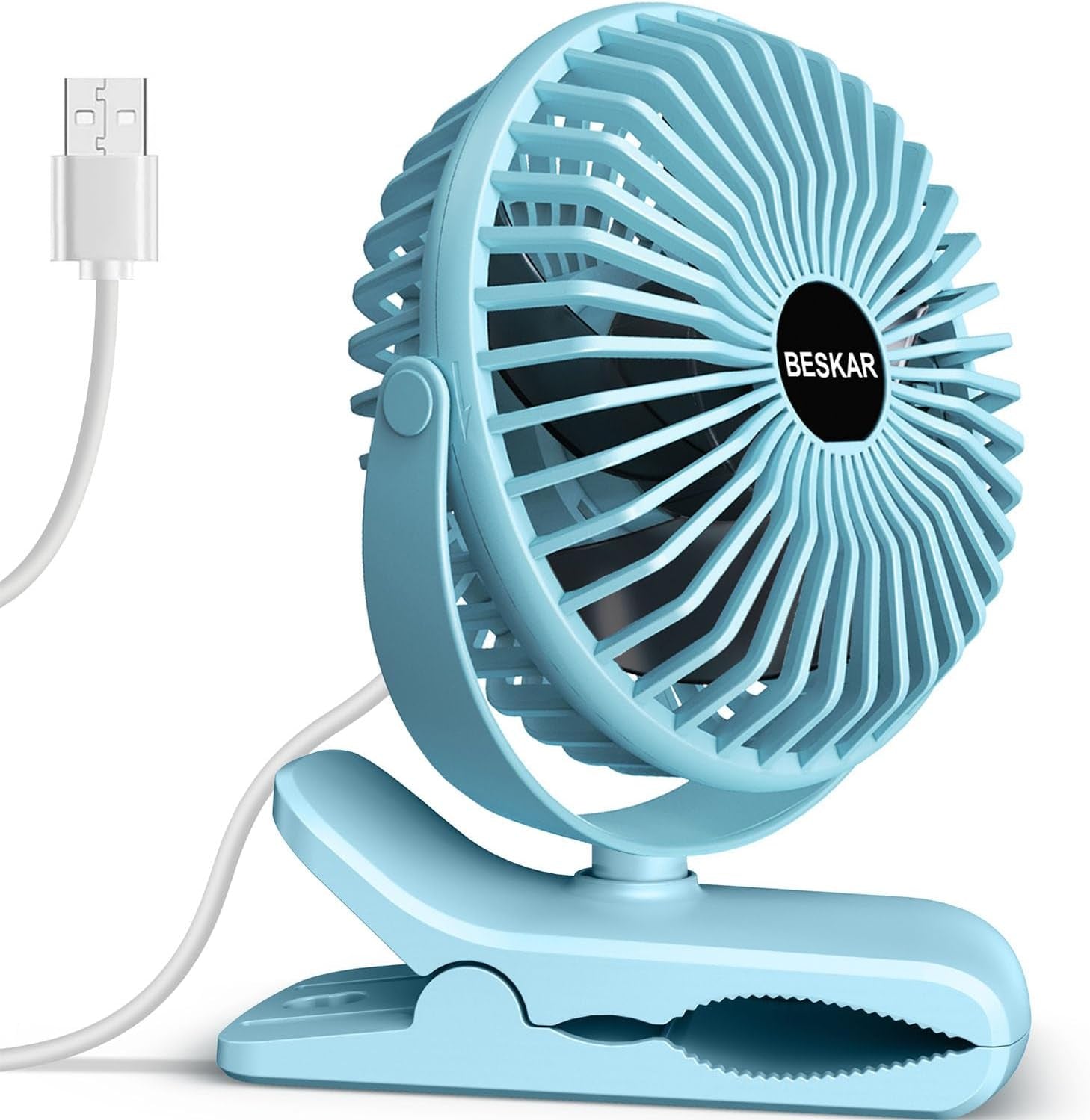 USB Clip on Fan, Portable Small Fan with Cord Powered, 3 Speeds Strong Airflow, with Sturdy Clamp, Quiet Personal Desk Fan
