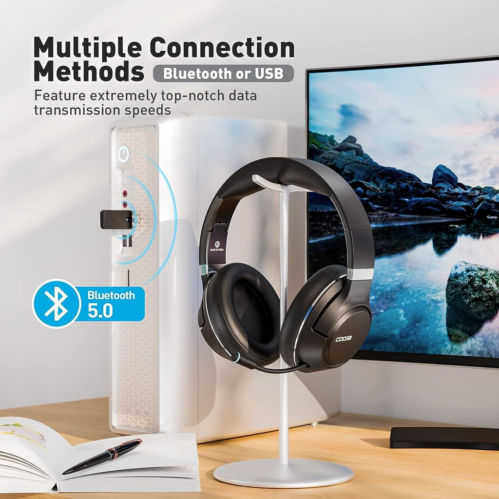 H300 Wireless Headphones with Microphone, over Ear Bluetooth Headsets with USB Dongle & Mute, Environmental Noise Cancelling Retractable Mic for Work Office Call Center Laptop Computer (Black)