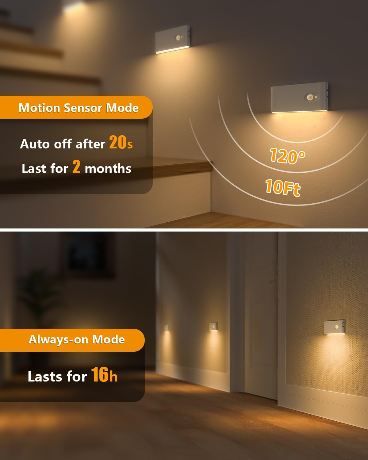 Motion Sensor Night Light, Rechargeable Stair Lights Indoor, Warm White Motion Sensor Light Indoor, Battery Operated Night Light for Hallway, Stairway, Bathroom, Bedroom, Kitchen, 6 Pack